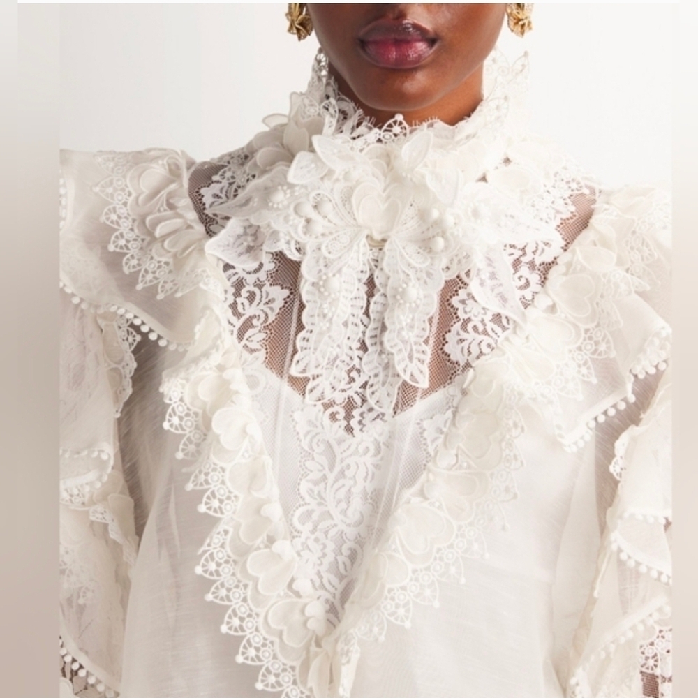 Zimmermann Crush Heart Trim Blouse Show Stoper Cream Lace Detail Top Sz M - Picture 2 of 10
